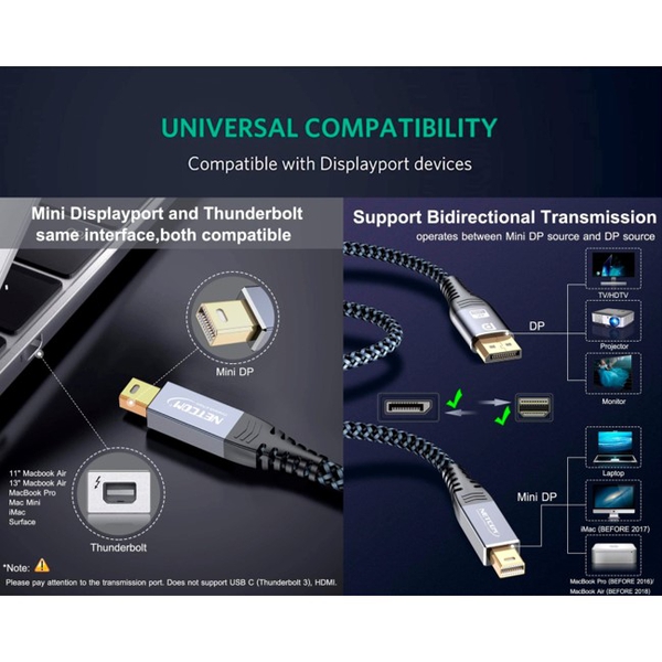 Cable Mini DisplayPort a Displayport Netcom UHD 4K 1.80 mts