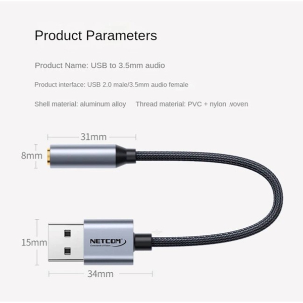 Adaptador Audio y Micrófono USB a 3.5mm 1 Canal TRRS Netcom